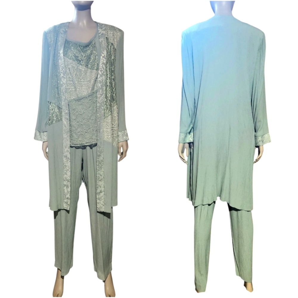 Vintage SL Fashions 3 Piece Pant Blouse Duster Cardigan Womens 4 Sage Crepe Set
